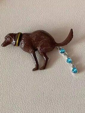Pooping Dog Brooch with Blue Accents